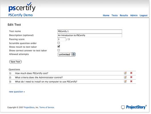 screen shot howing how to create and edit a test